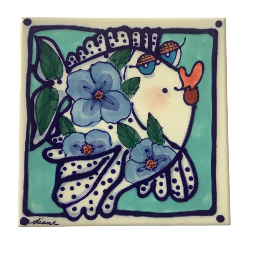 Vtg Diane Artware Decor Wall Ceramic Tile Whimsical Fish Flowers 6"x6" Signed